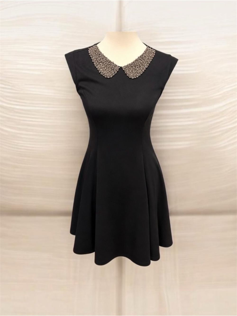 Monteau Black Sleeveless Fit-and-Flare Dress with Beaded Collar
